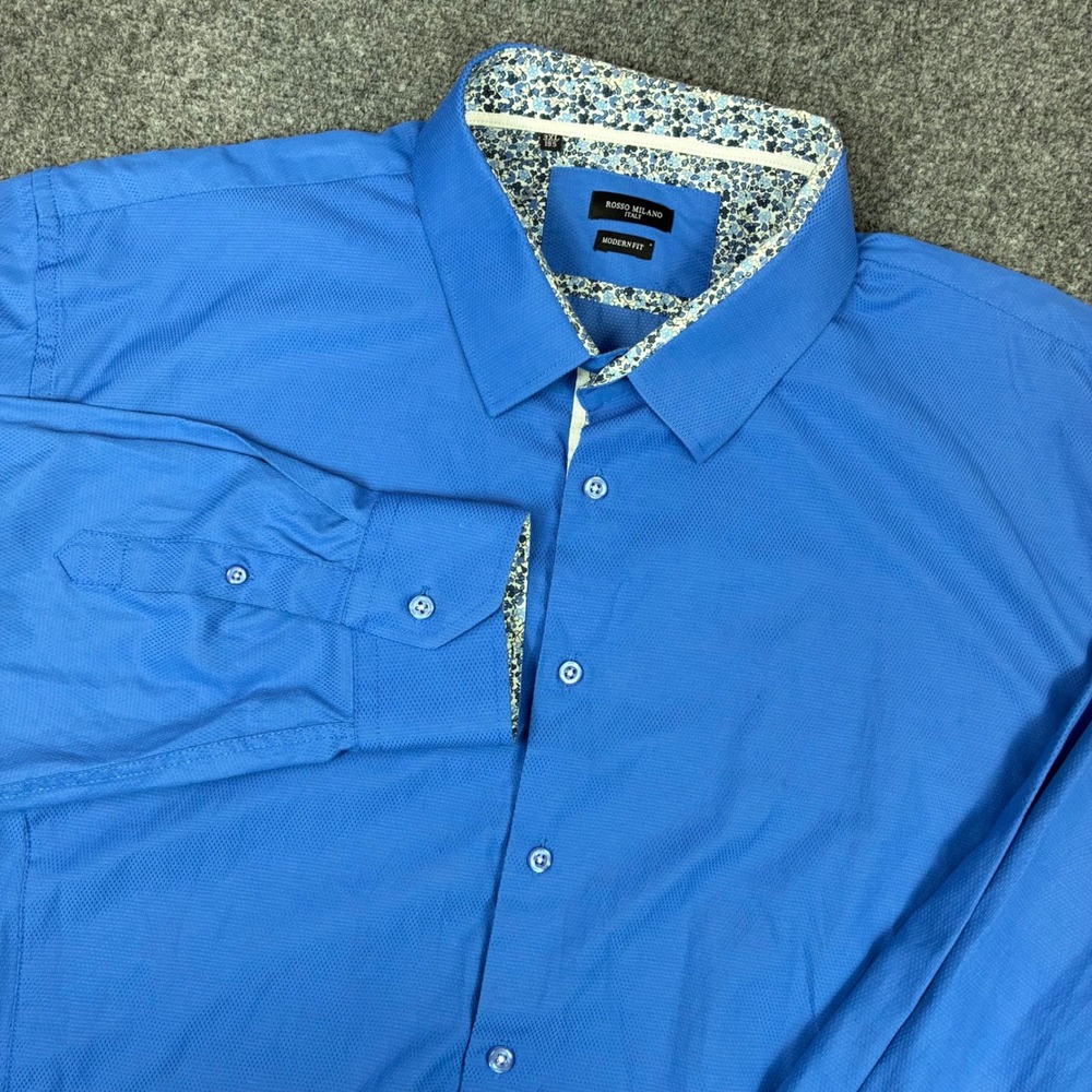 Rosso Milano Italy Mens Size 3XL 19.5 Modern Fit Blue Textured Floral Trim Shirt